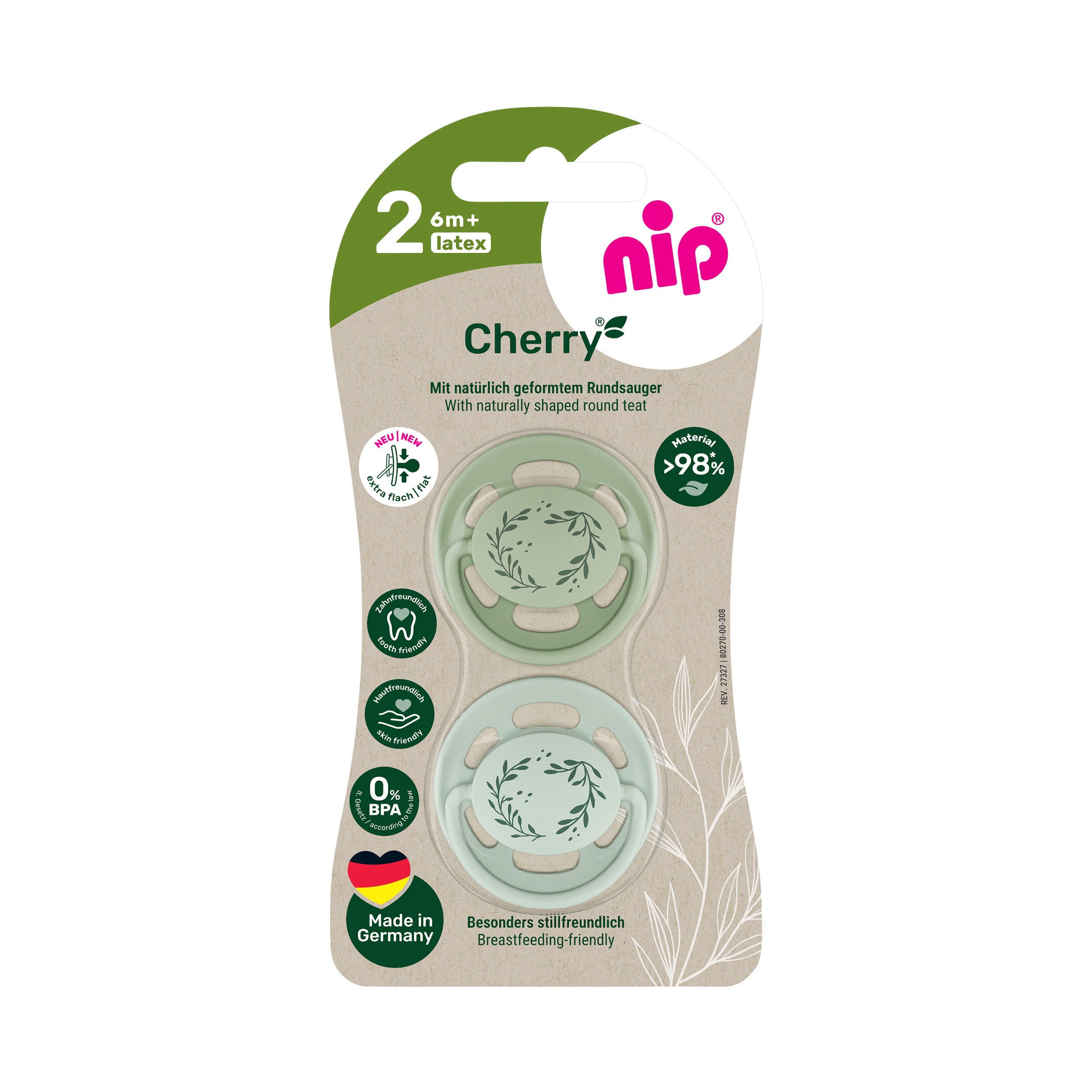 nip CHERRY NATURE line šidítko, kaučuk,velikost 2 (6m+), 2ks, green/green