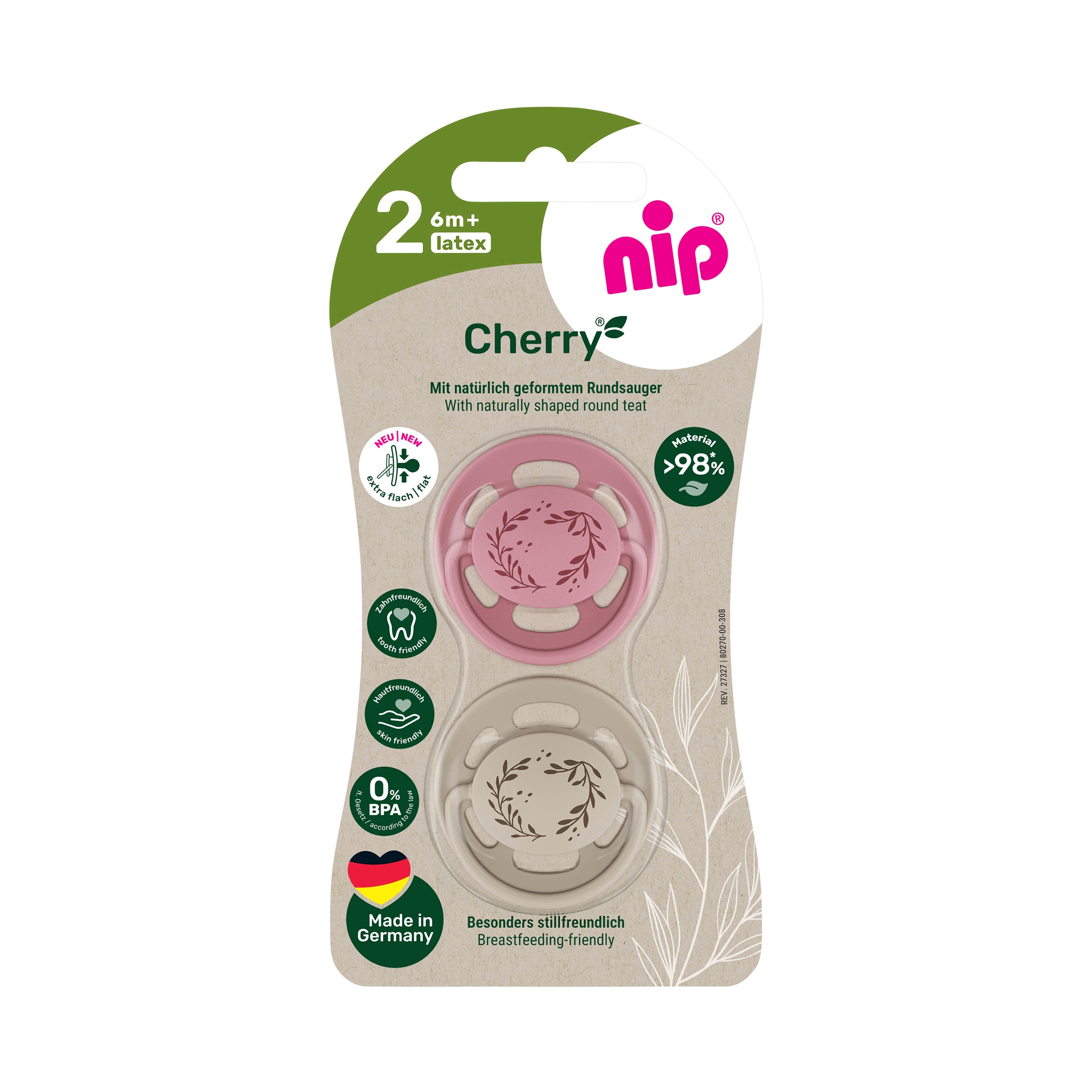 nip CHERRY NATURE line šidítko, kaučuk,velikost 2 (6m+), 2ks, red/brown