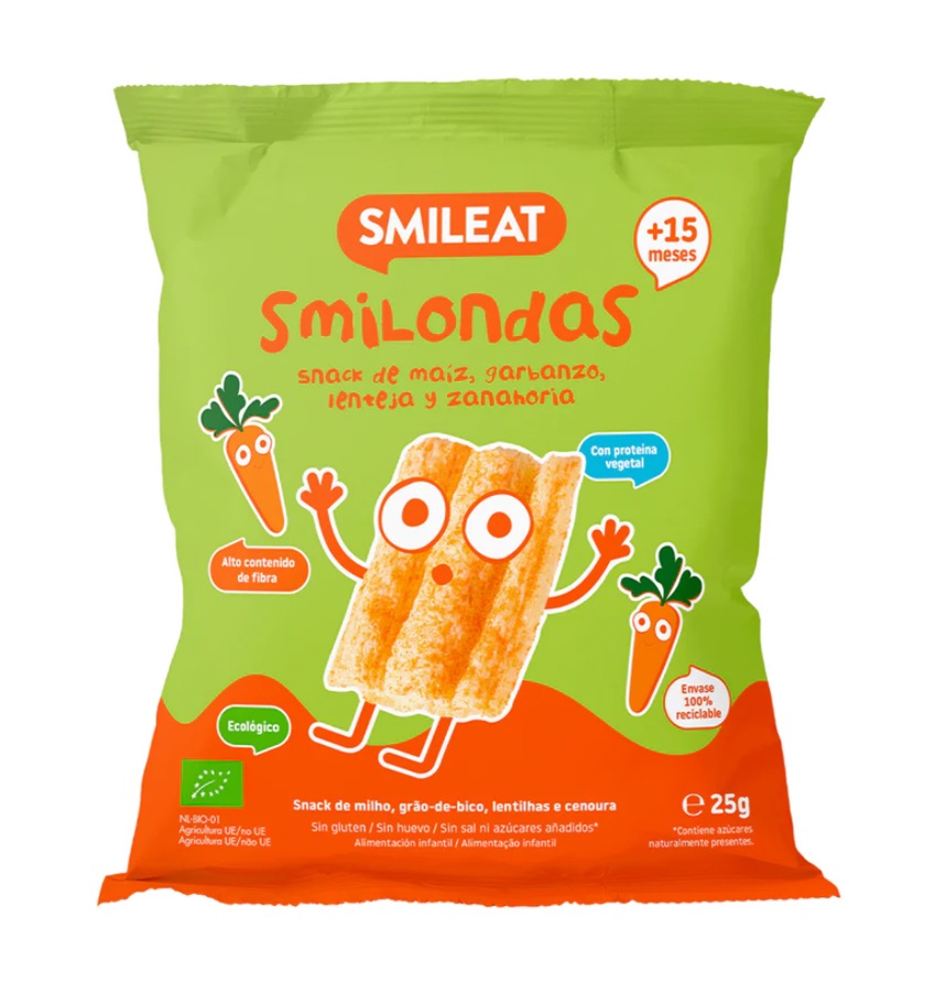 Smileat BIO kukuřičné křupky cizrna, čočka, mrkev s olivovým olejem a vitamínem B1 15m+ 25 g