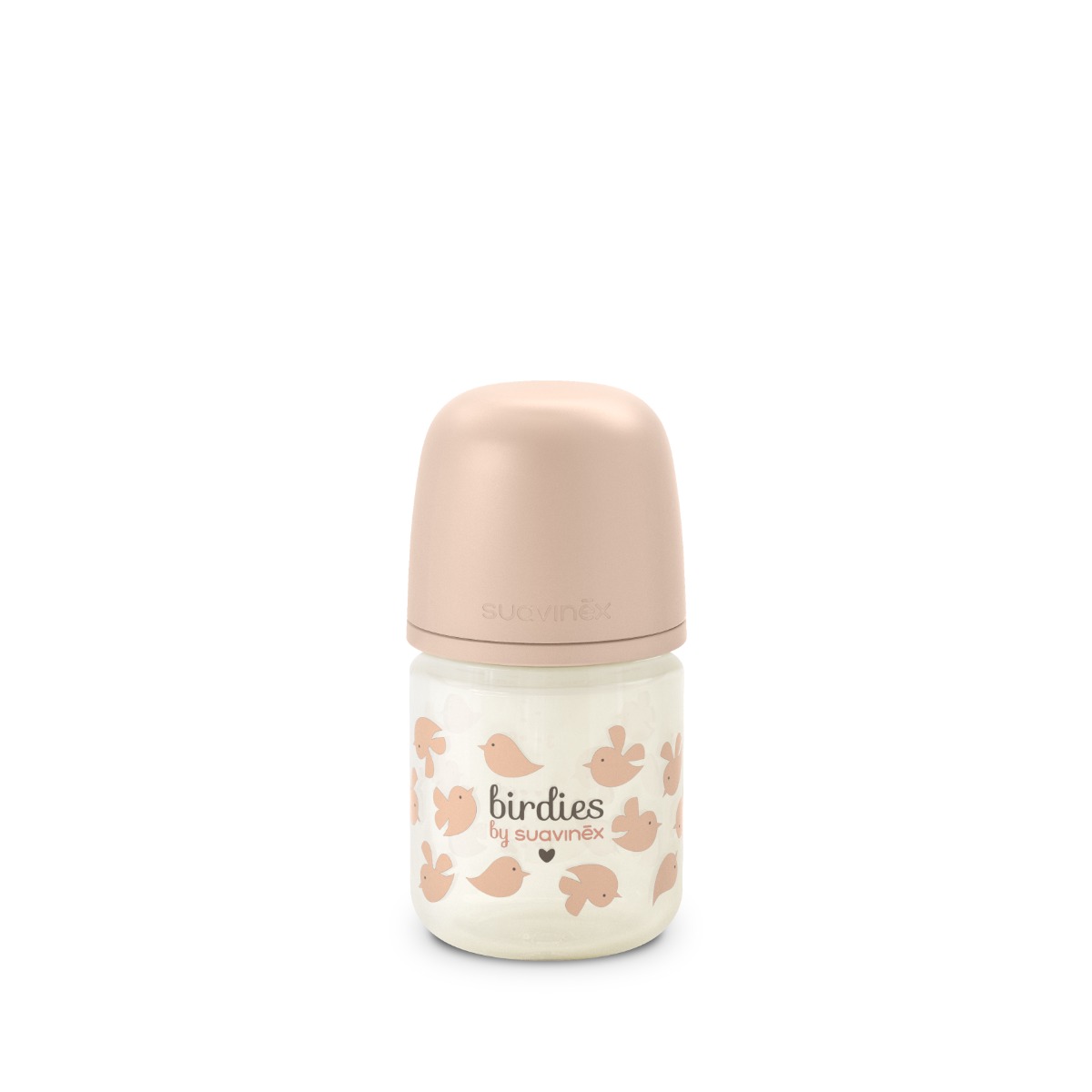 Suavinex Láhev skleněná fyziologická BIRDIES 120 ml 1 ks růžová