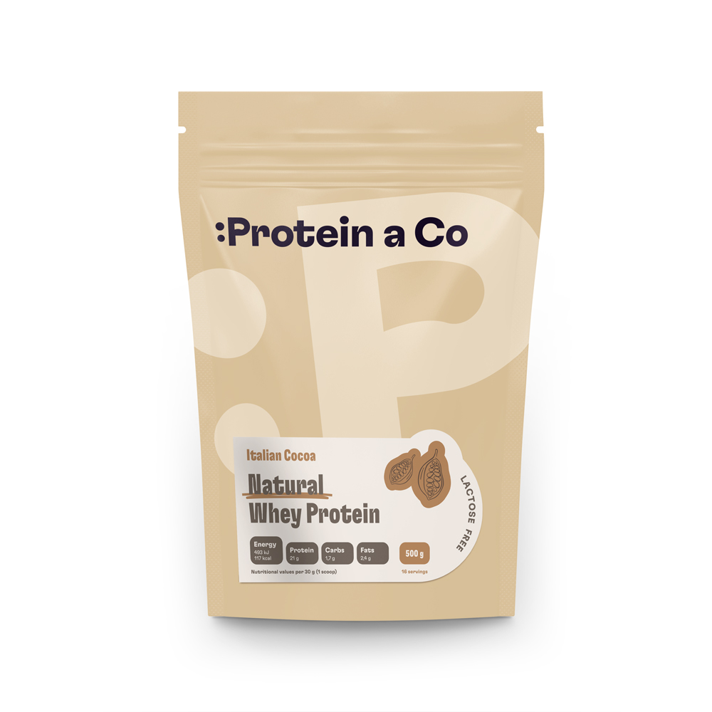 Protein a Co Bezlaktózový NATURAL WHEY – prémiový protein 500 g, Italian cocoa