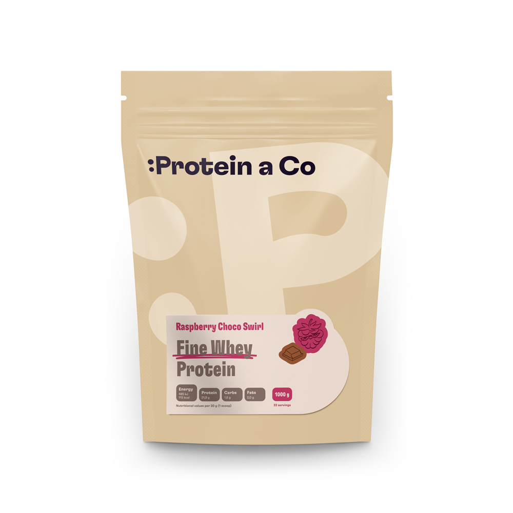 Protein a Co Protein Fine whey slazený stévií 1000 g Raspberry choco swirl