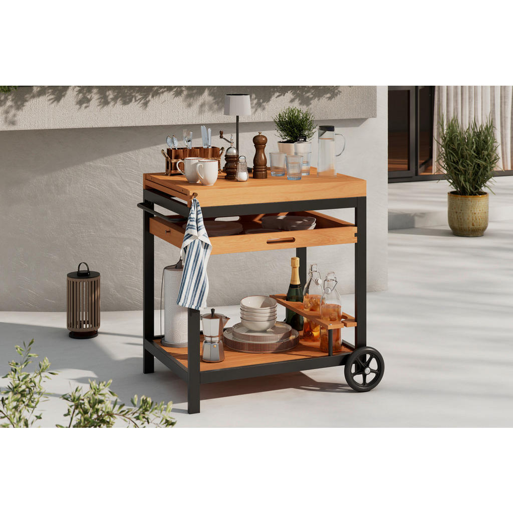 Ambia Garden ZAHRADNÍ SERVÍROVACÍ VOZÍK, černá, barvy teak, 73/80/50 cm